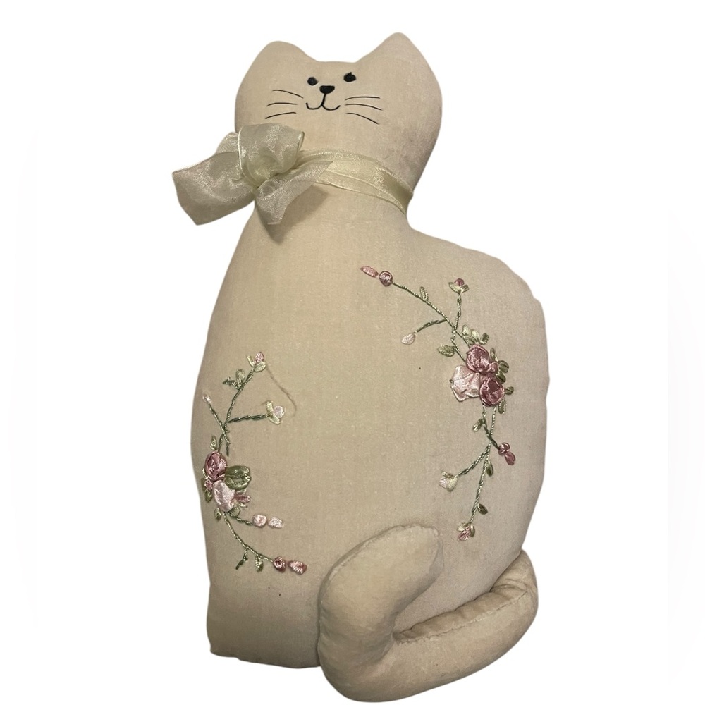 VTG Beige Cat 11.5” Pillow Decorative Kitty With Pink Embroidered Flowers Bow